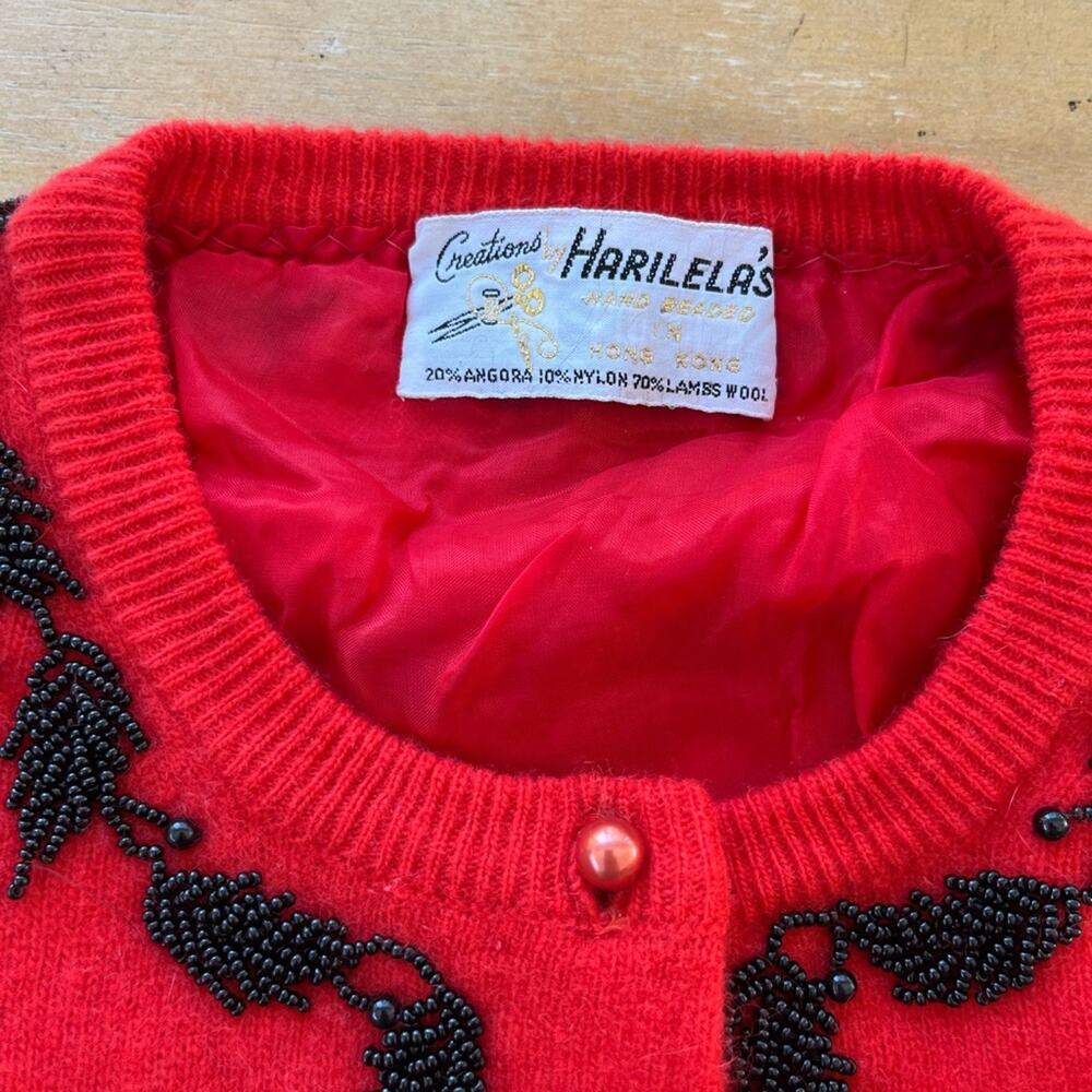 Vintage Original 1950s 60s Red Angora Lambswool Cardigan Beaded Sweater Medium - Picture 5 of 12